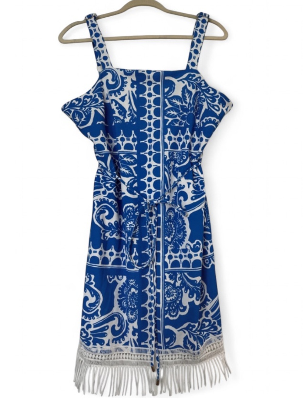 Tahari ASL blue/white border print fringe trim sheath mini dress. Size L